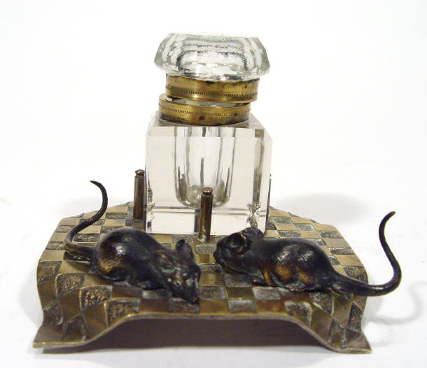 Appraisal: Novelty inkwell the cut glass well on a brass tile