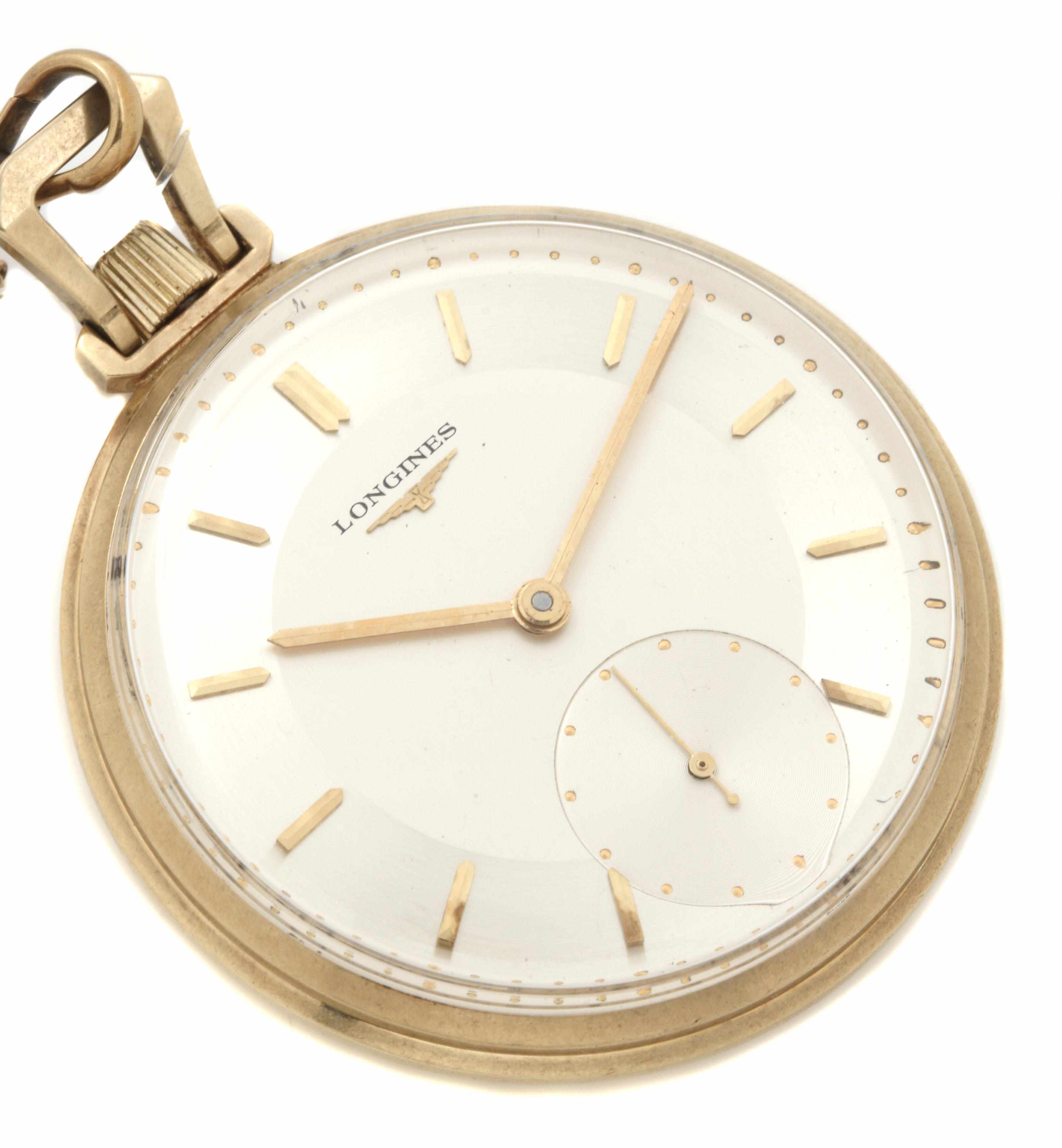 Appraisal: A k gold pocket watch with chain Longines