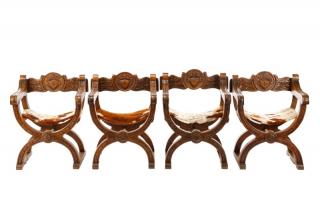 Appraisal: Set Faux Cowhide Upholstered Savonarola Chairs Continental late th century