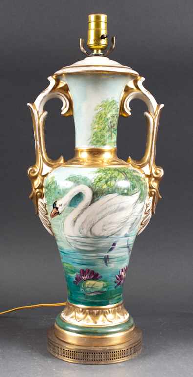 Appraisal: Continental painted parcel-gilt porcelain urn-form lamp th century with painted