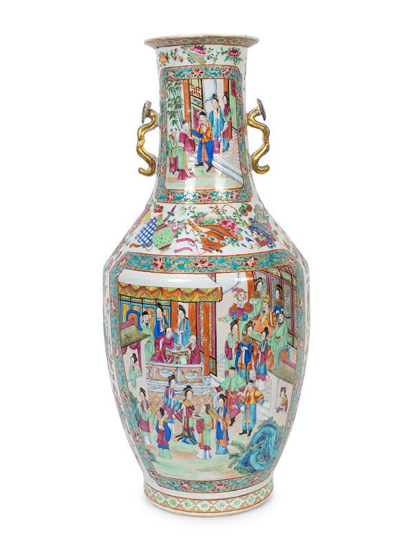 Appraisal: A Large Rose Medallion Porcelain Vase with Gilt Handles A