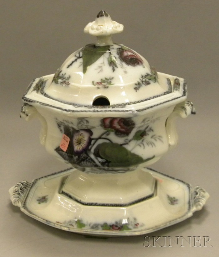 Appraisal: English Flow Mulberry and Hand-colored Ironstone Covered Tureen and Undertray