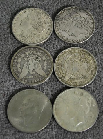 Appraisal: Group of Five Silver DollarsSix coins total Including four Morgan