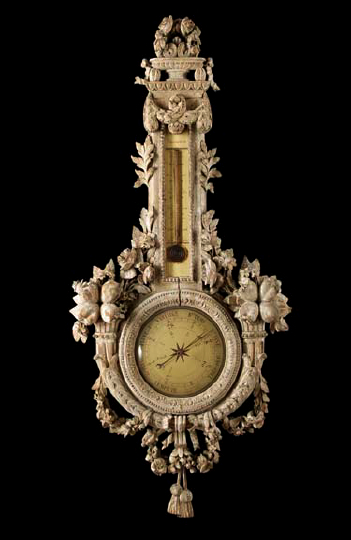 Appraisal: Good Louis XVI Carved and Blanc-de-Trianon-Painted Beechwood Wall Barometer fourth