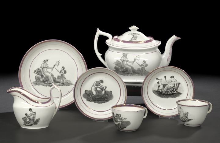 Appraisal: Eight-Piece Staffordshire Pink Lustre-Banded and Black Transfer-Printed Porcelain Tea Service