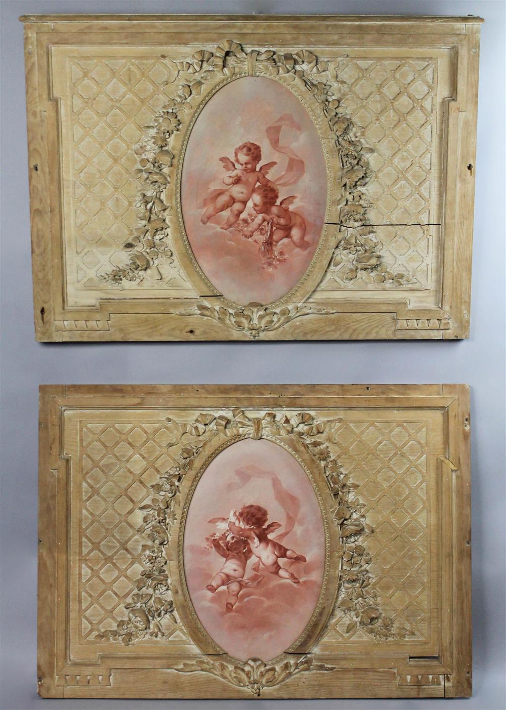 Appraisal: CARVED FRENCH OVERDOOR OR WALL PANELS WITH PAINTED PUTTI each