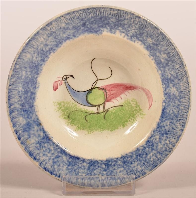 Appraisal: Blue Spatter Peafowl Pattern Small Sauce Dish Blue Spatter Peafowl