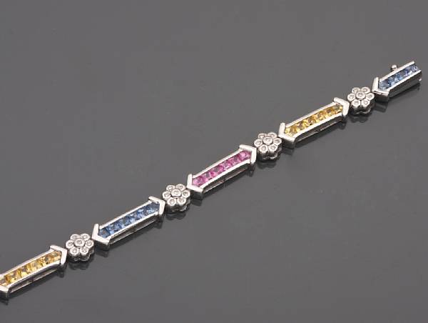 Appraisal: A multi-color sapphire diamond and k white gold bracelet