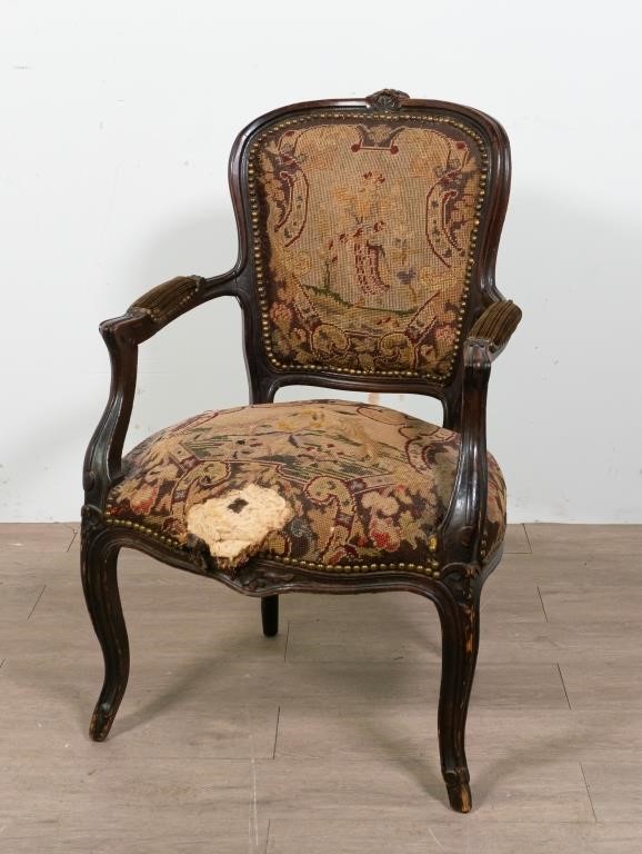 Appraisal: LOUIS XV STYLE NEEDLEPOINT FAUTEUIL CHAIRLouis XV Style needlepoint fauteuil