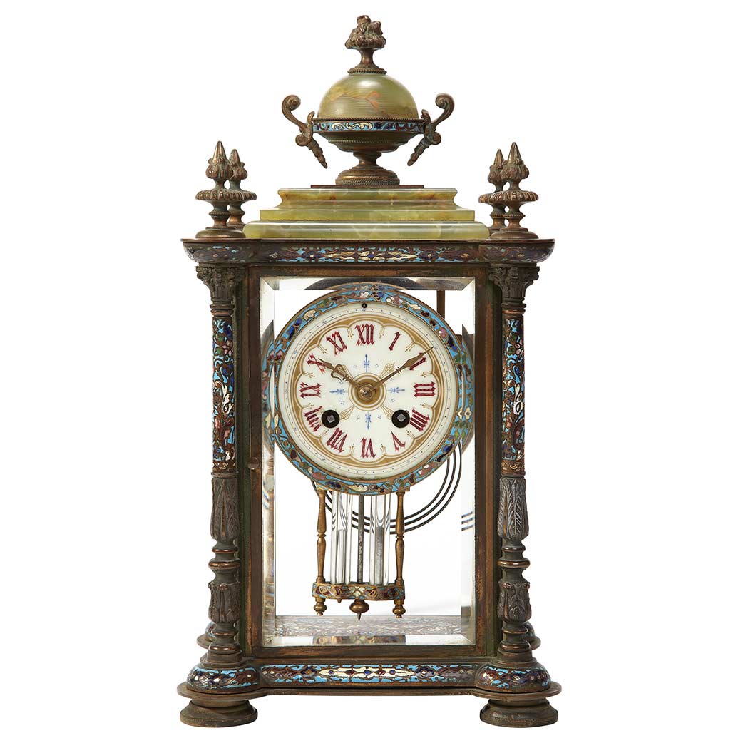 Appraisal: Louis XVI Style Champleve Enamel Bronze and Onyx Mantle Clock