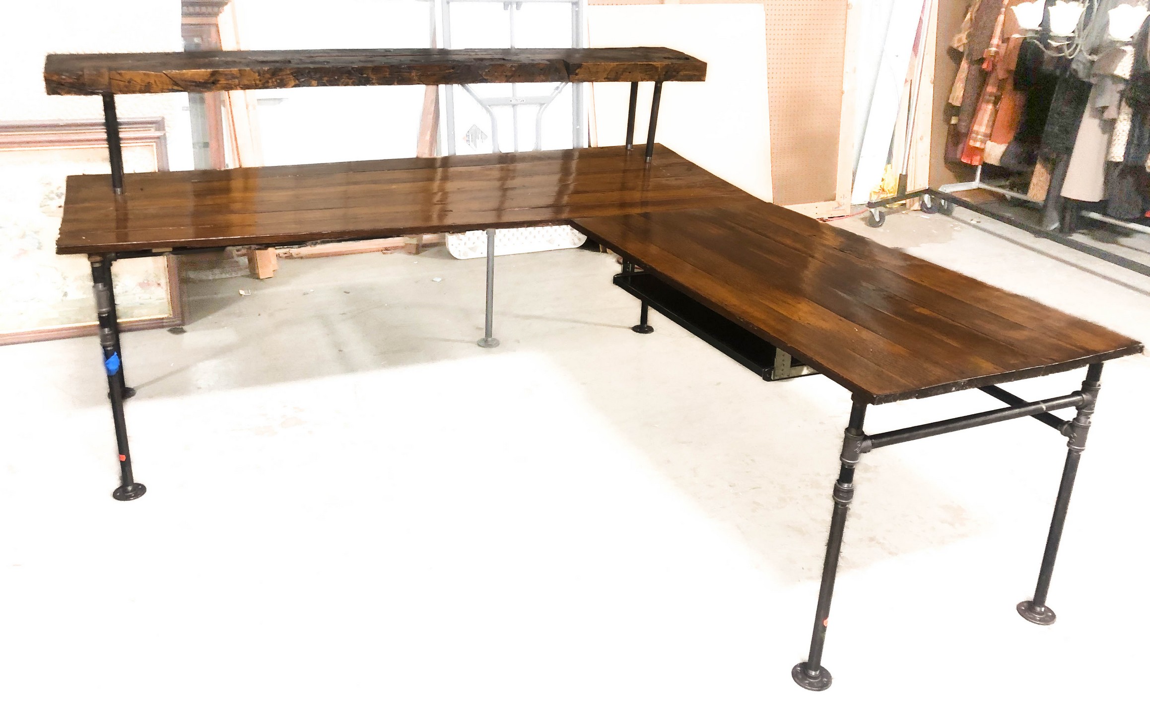 Appraisal: Industrial freeform tiered desk freeform and slatted wood tops connector