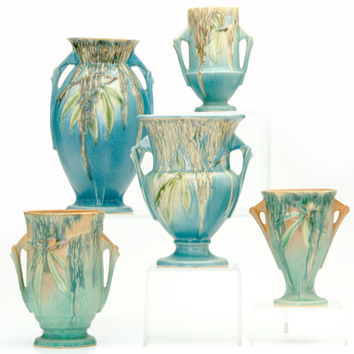 Appraisal: ROSEVILLE Five Moss vases pink - blue - flat chips