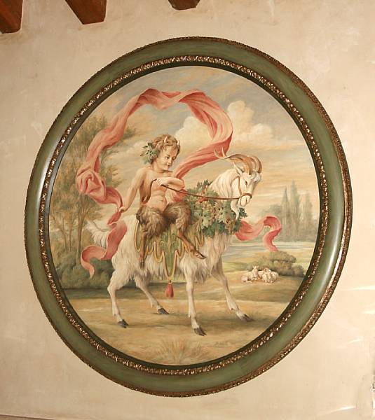 Appraisal: A large framed circular oil on canvas Bacchanalian scene Antoinette