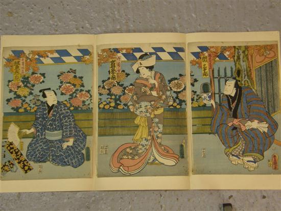 Appraisal: Japanese triptych woodblock print depicting two male figures and a