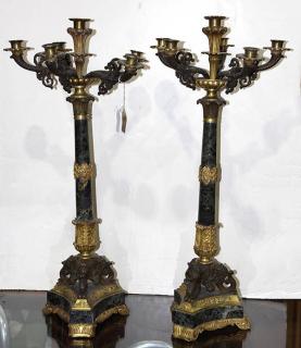 Appraisal: Pair of Rococo style marble and bronze candelabras each having