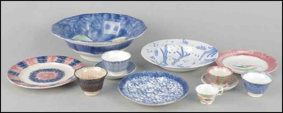 Appraisal: PEALRLWARE BLUE AND WHITE BOWL Together with spongeware table articles