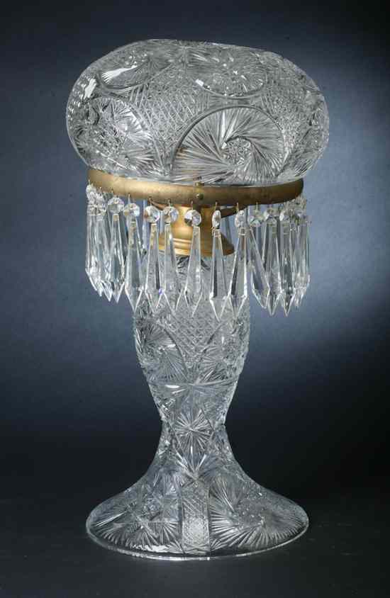 Appraisal: TURKISH CUT GLASS LAMP AND PRISMS - in high in