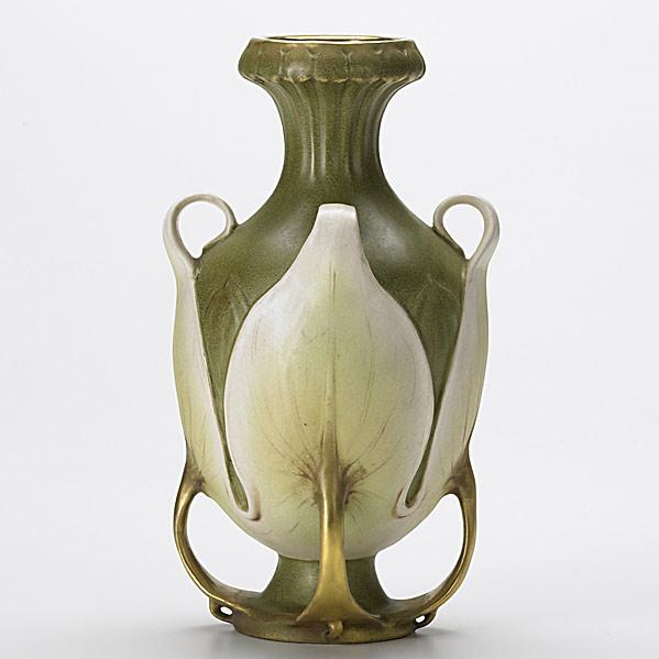 Appraisal: RIESSNER STELLMACHER KESSELAmphora ceramic four-handled vase with leavesSmall fleck inside