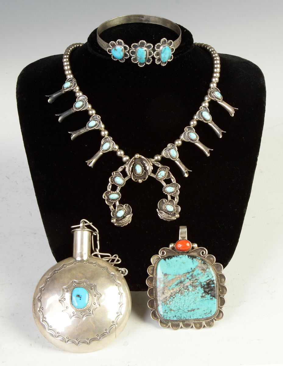 Appraisal: Four Pieces of Vintage Native American Silver Turquoise Jewelry Canteen