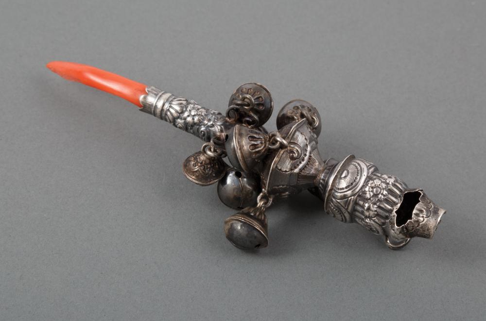 Appraisal: Georgian Sterling Silver Bells and Whistle Rattle with Coral Teether