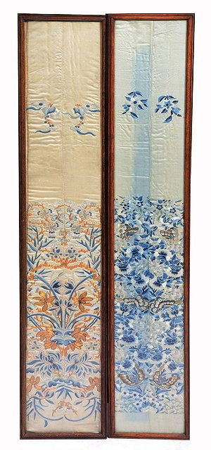 Appraisal: A PAIR OF CHINESE SILK SLEEVE PANELS with blue white