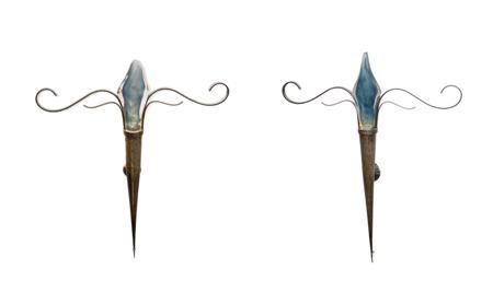 Appraisal: PAIR OF PATINATED STEEL AND GLASS WALL LIGHTS BY MARK