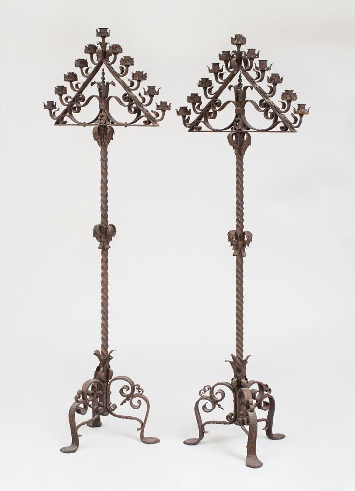 Appraisal: PAIR OF LARGE CONTINENTAL WROUGHT-IRON ELEVEN-LIGHT FLOOR CANDELABRA x x