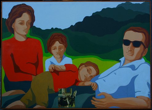 Appraisal: INTRIGUING POP-ART COLLAGE Depicts a Family Portrait Oil C with