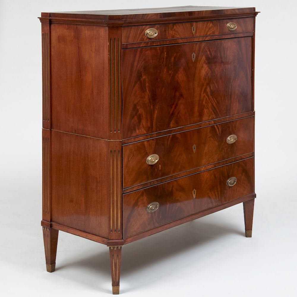 Appraisal: Northern European Neoclassical Brass-Mounted Mahogany Secr taire Abattant Fitted with