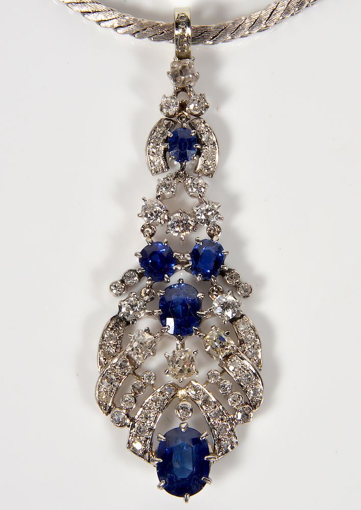 Appraisal: Sapphire Diamond kt WG Pendant Chain Antique sapphire diamond kt