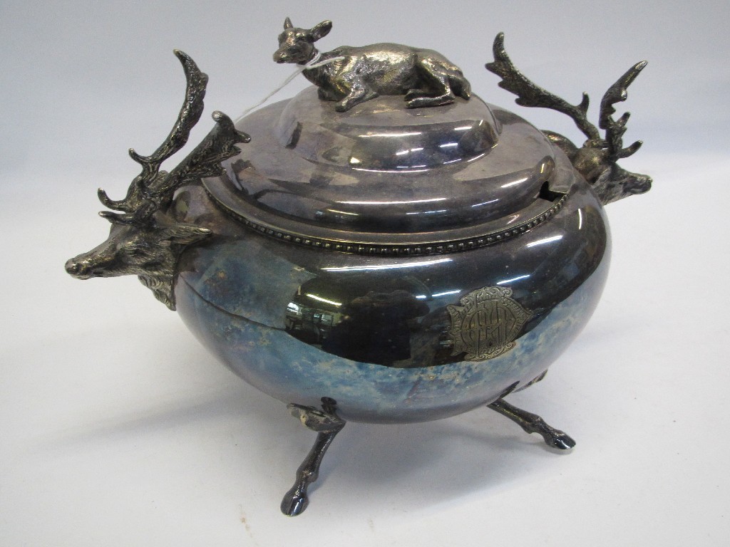 Appraisal: Silver plated soup tureen with stag's head handles and hind