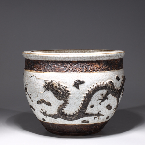 Appraisal: Chinese crackle glazed bowl with inset wooden design featuring dragons