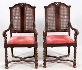 Appraisal: CARVED WALNUT OPEN ARM CHAIRS PAIR CIRCA CARVED WALNUT OPEN