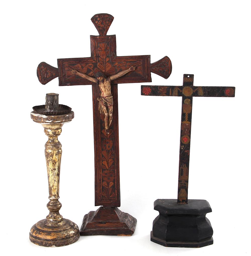 Appraisal: Spanish Colonial carved and painted crucifix cross and candlestick H