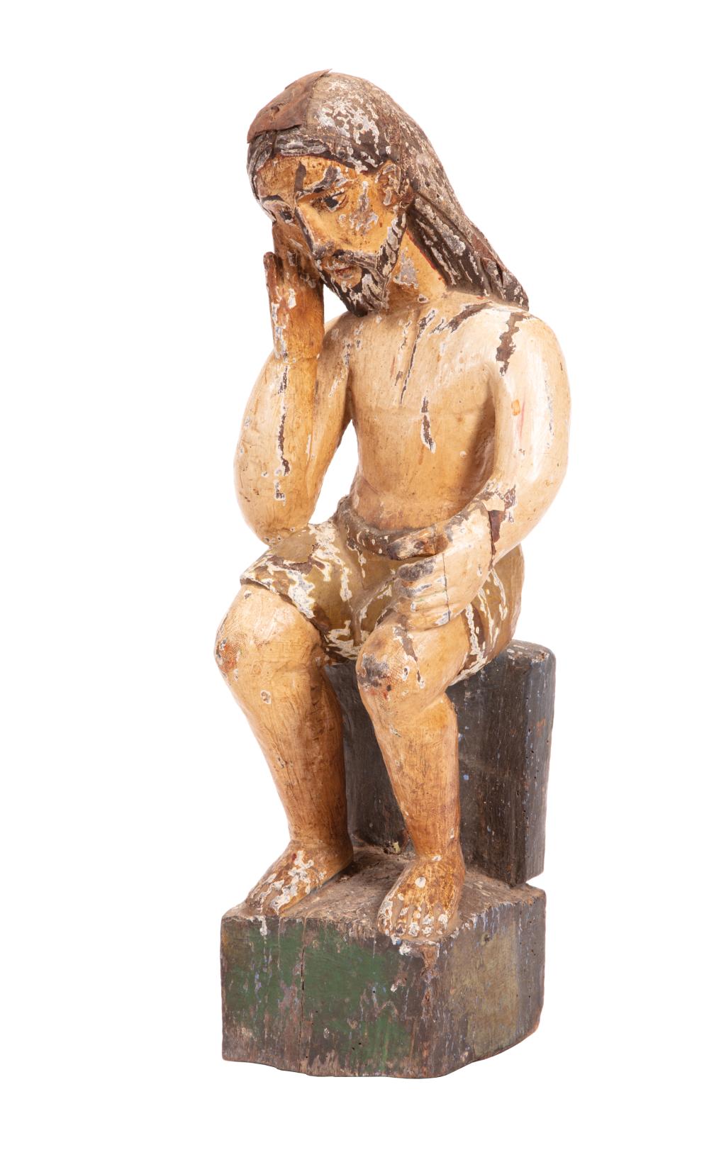 Appraisal: Carved and Painted Wood Figure of a Seated Pensive Saint