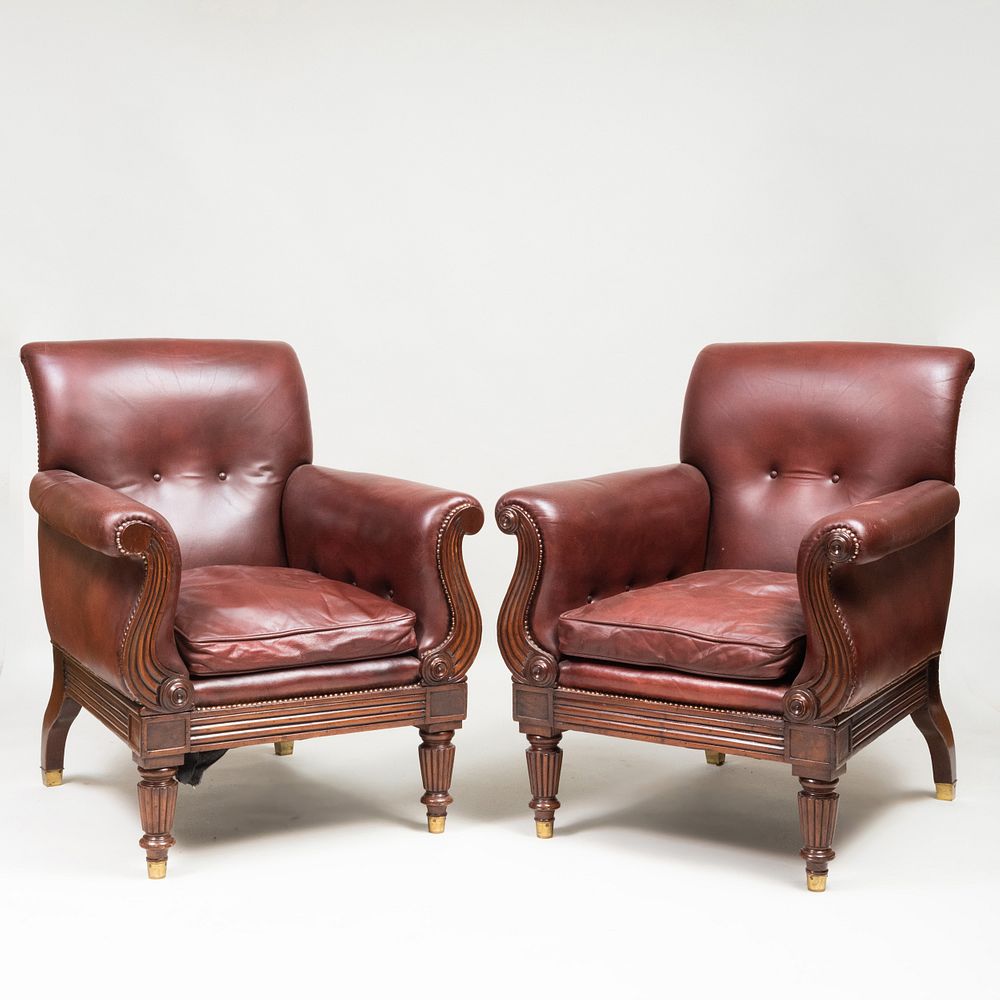 Appraisal: Pair of Regency Style Mahogany and Leather Upholstered Armchairs x