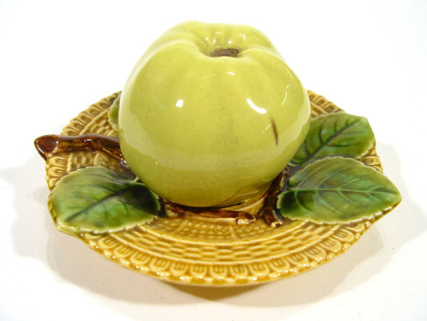 Appraisal: Majolica pottery inkwell and cover modelled as a apple on