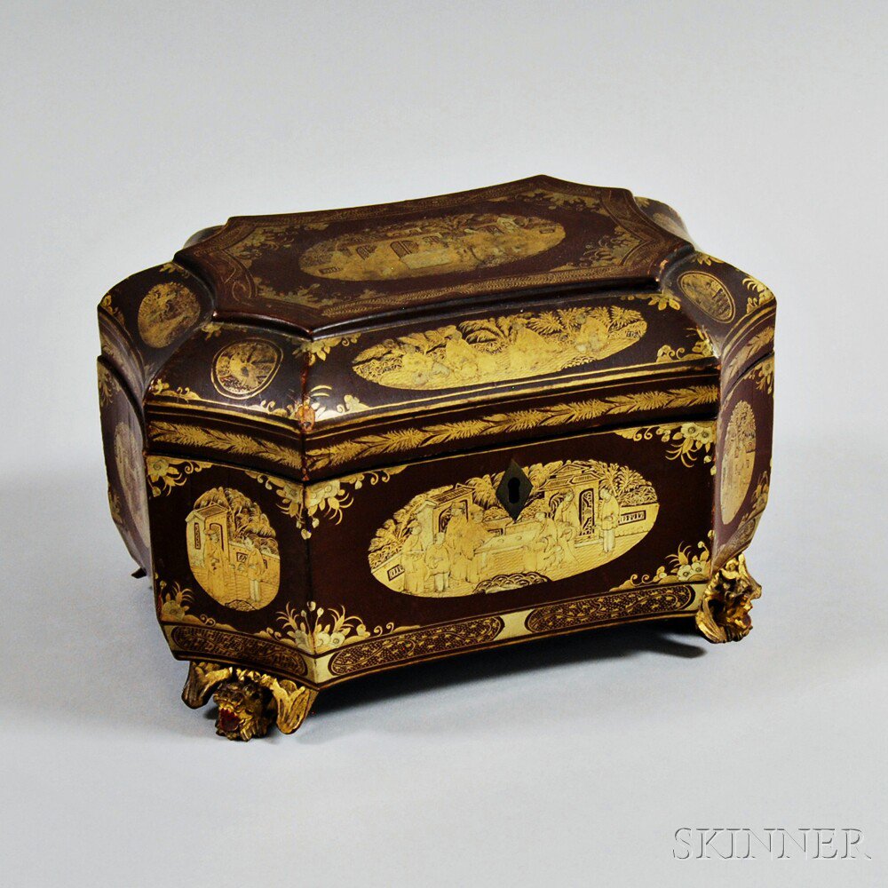 Appraisal: Chinese Export Lacquered and Gilt Tea Caddy th century the