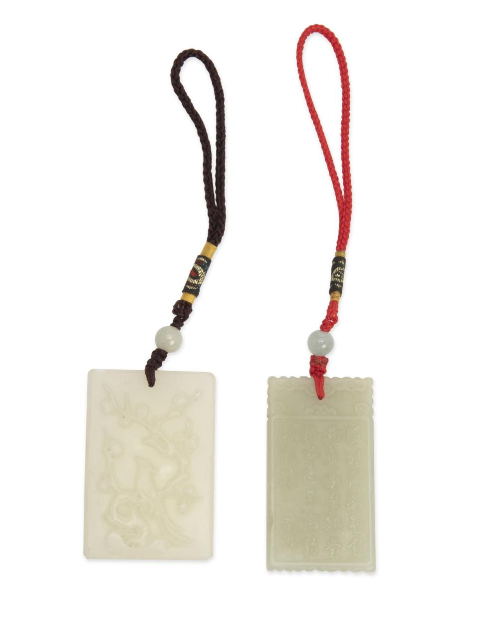 Appraisal: Two carved jade pendants th Century Two rectangular carved jade