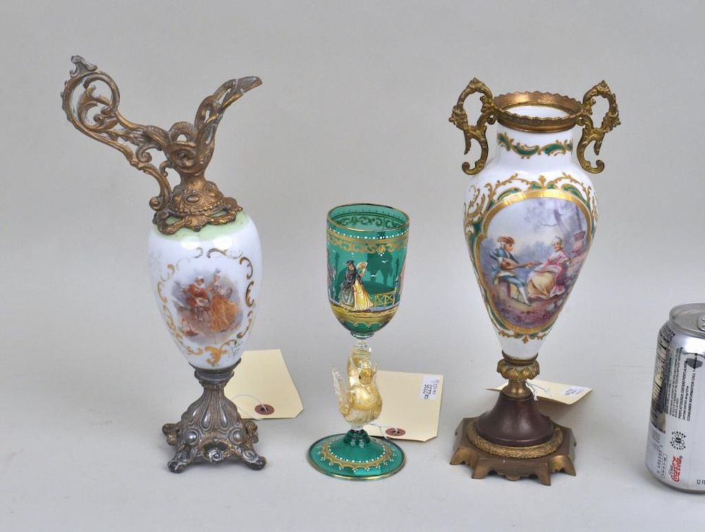 Appraisal: Three Continental Porcelain Glass Items comprising goblet with swan form