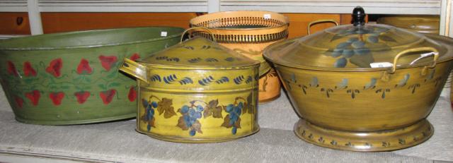 Appraisal: Four items vintage painted tin including lidded fruit keeper diameter