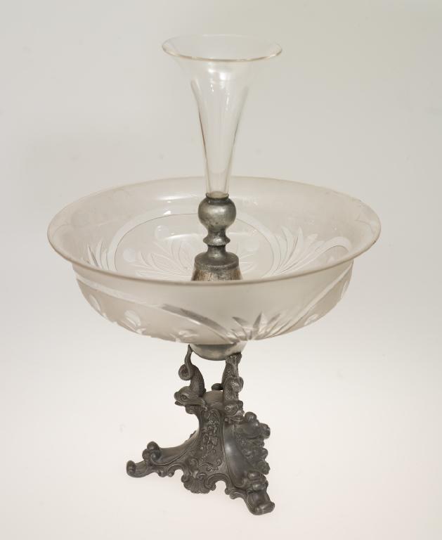 Appraisal: CONTINENTAL PEWTER CUT AND FROSTED GLASS EPERGNE c the central