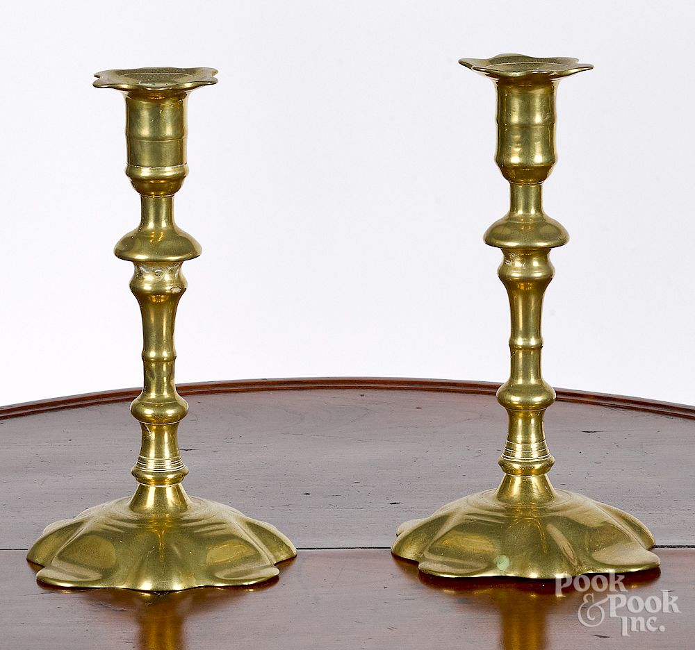 Appraisal: Pair of Queen Anne brass candlesticks Pair of Queen Anne