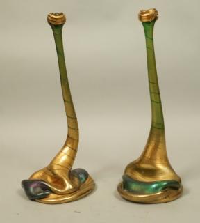 Appraisal: Pr VERA WALTHER Slumped Art Glass Candlesticks A Pr VERA