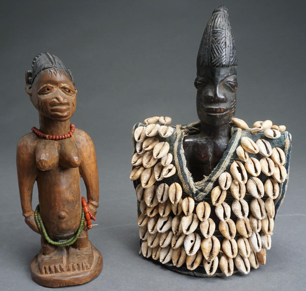 Appraisal: TWO AFRICAN OCEANIC CARVED WOOD FIGURES AND A SHELL BEADED