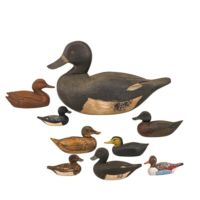 Appraisal: AMERICAN DUCK DECOYS Ten One full size and eight miniatures