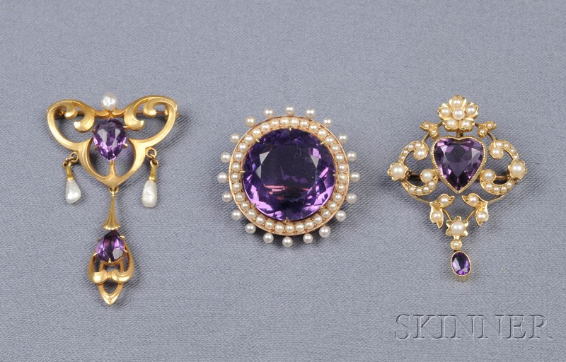 Appraisal: Three Art Nouveau Amethyst Jewelry Items a brooch with amethyst