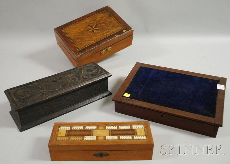 Appraisal: Four Assorted Wooden Boxes a chip-carved oak a walnut lap