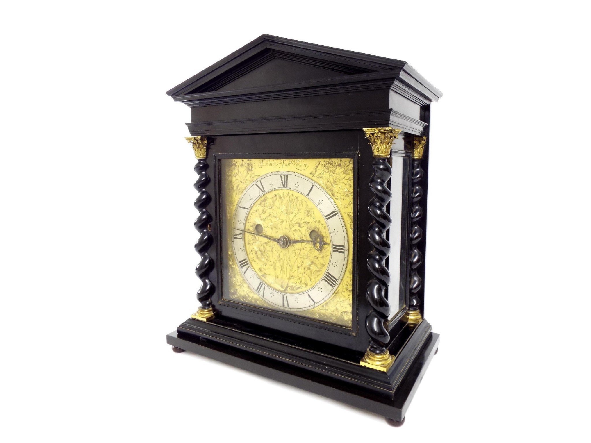 Appraisal: Fine English ebonised double fusee verge table clock the square