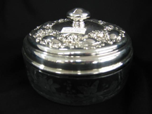 Appraisal: Sterling Silver Crystal Powder Jar ornate floral cover signed Hunt